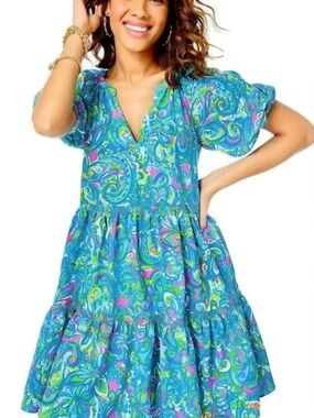 Lilly Pulitzer Blue & Green Paisley Tiered Mini Dress